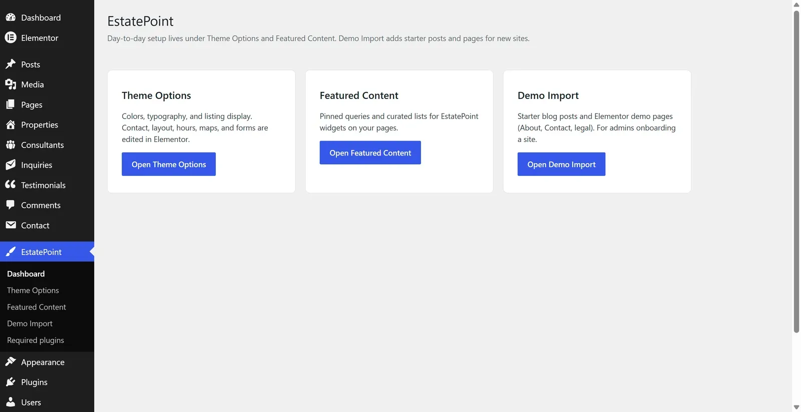 The EstatePoint dashboard with cards linking to Theme Options, Featured Content, Demo Import, and Developer tools