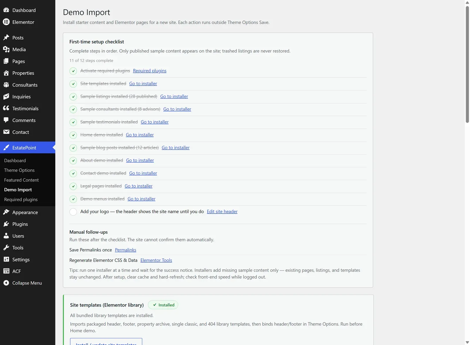 The Demo Import screen with the first-time setup checklist, every installer step ticked and the logo step still open
