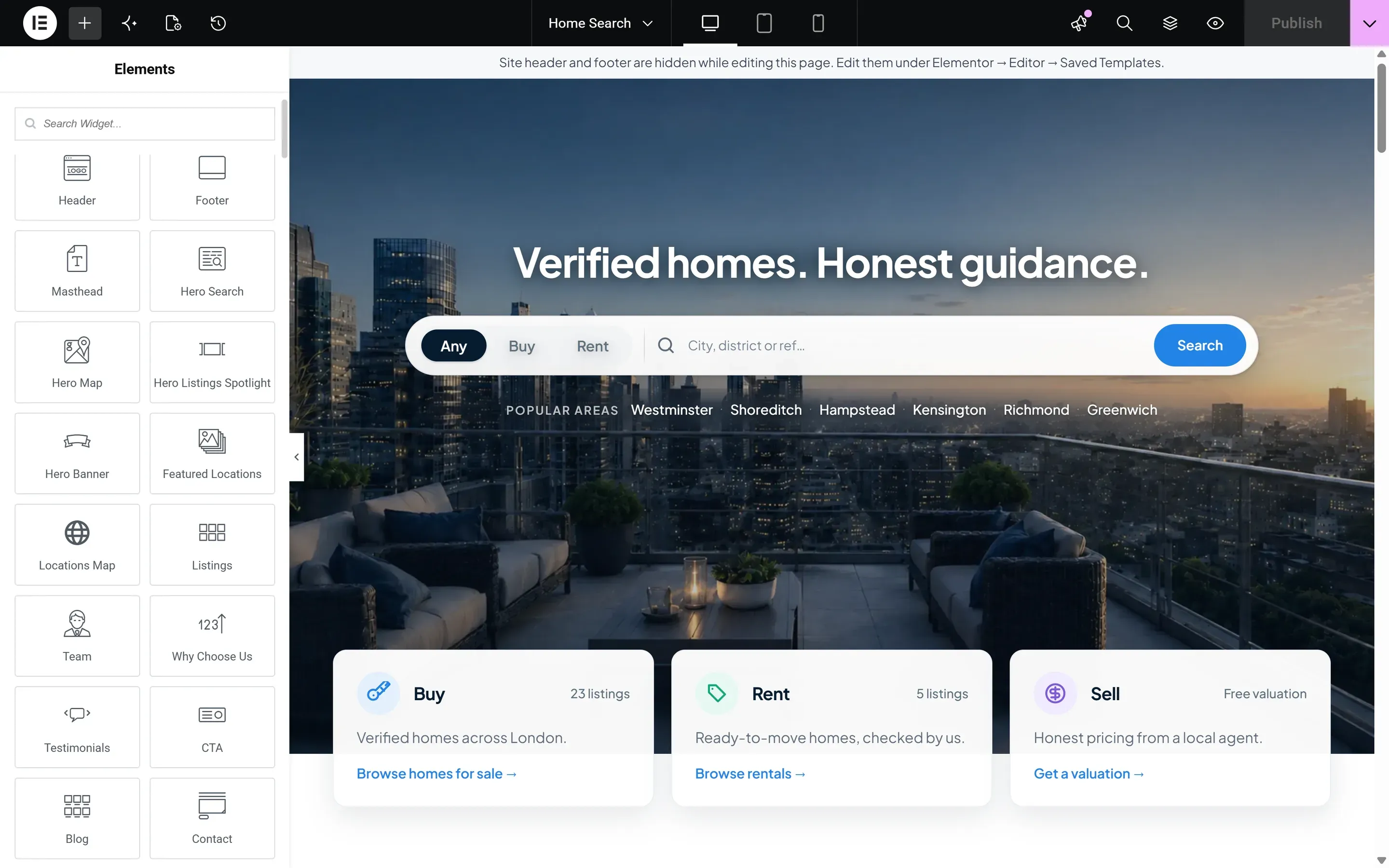 EstatePoint widgets listed in the Elementor editor panel next to a homepage layout