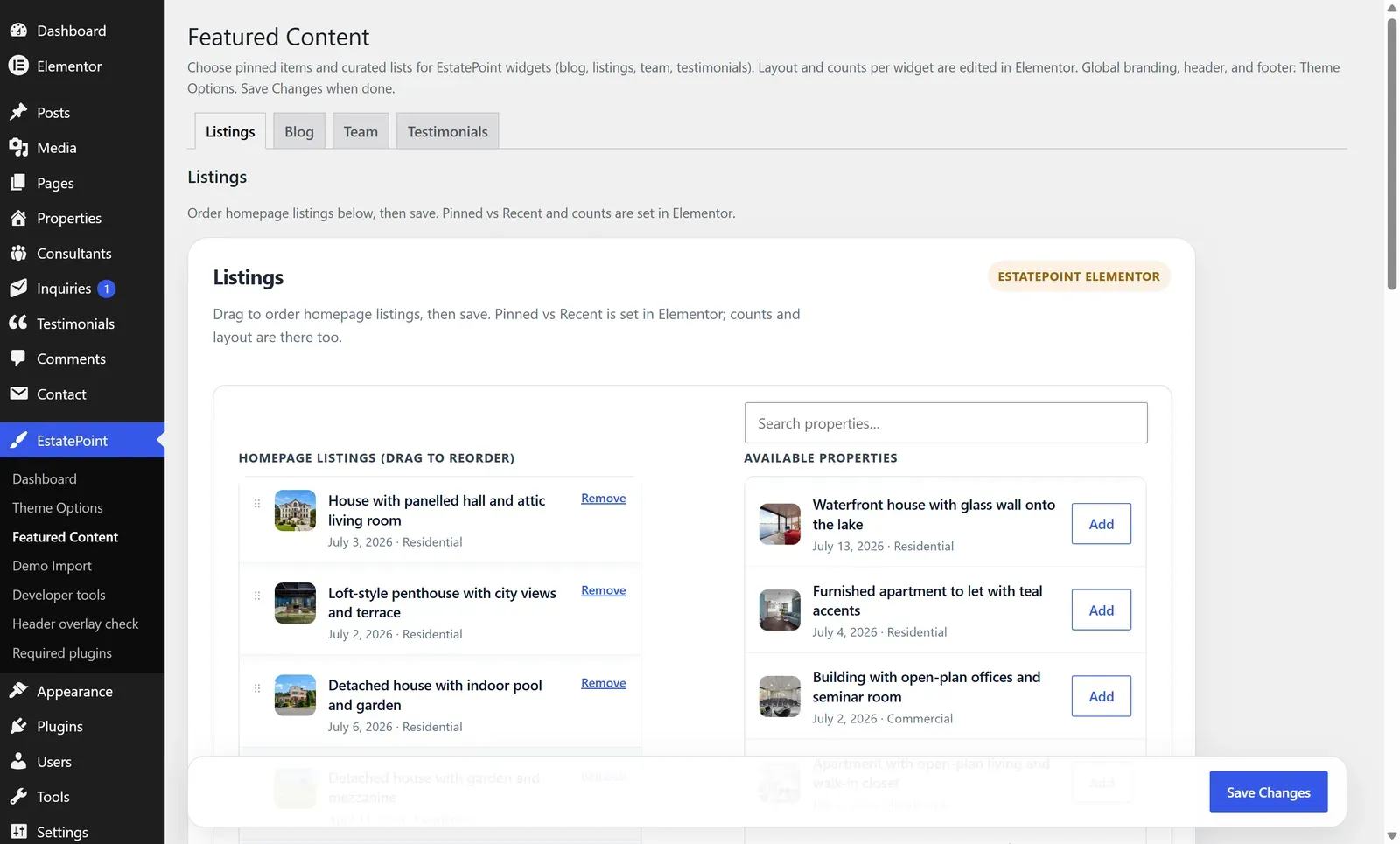 The Featured Content Listings tab with the ordered homepage list on the left and searchable available properties on the right