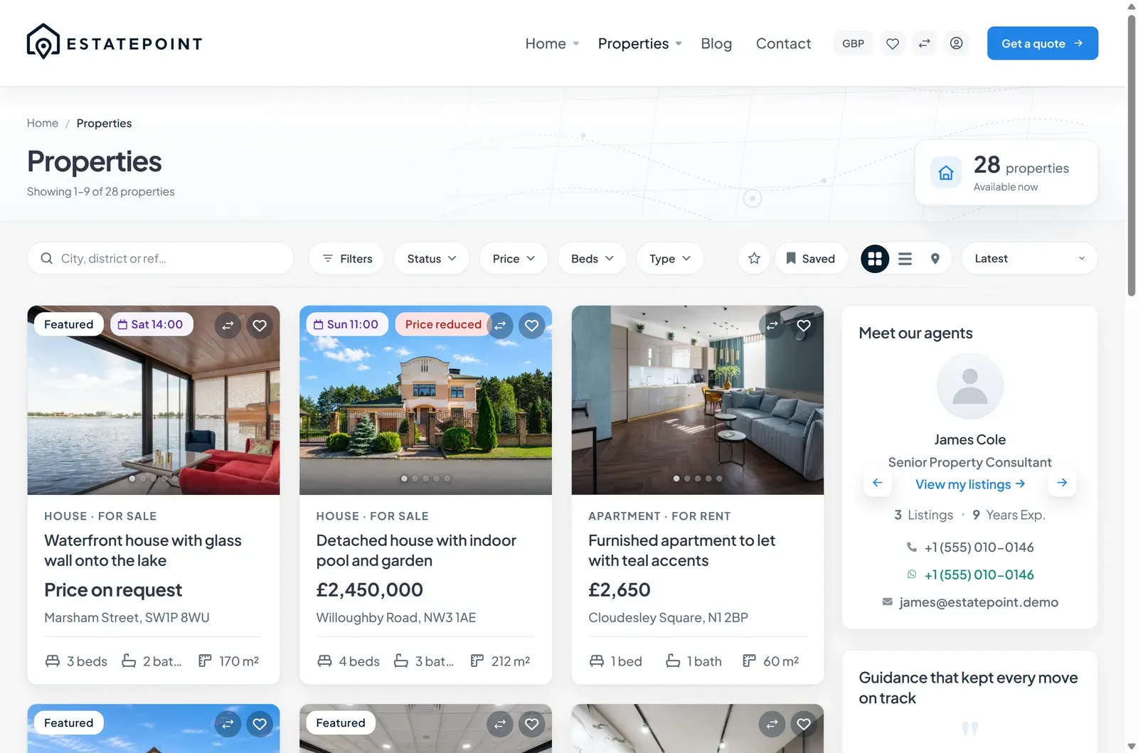 The property archive in grid view with the search bar, filter chips, result count, view toggle, and sort control