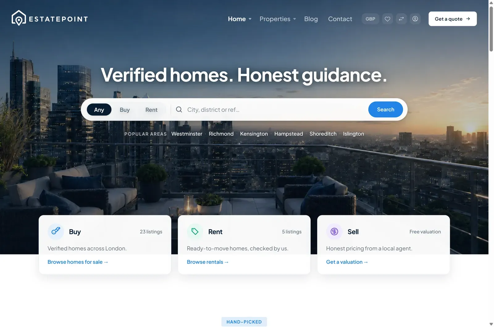 The demo front page with the site header over a hero band