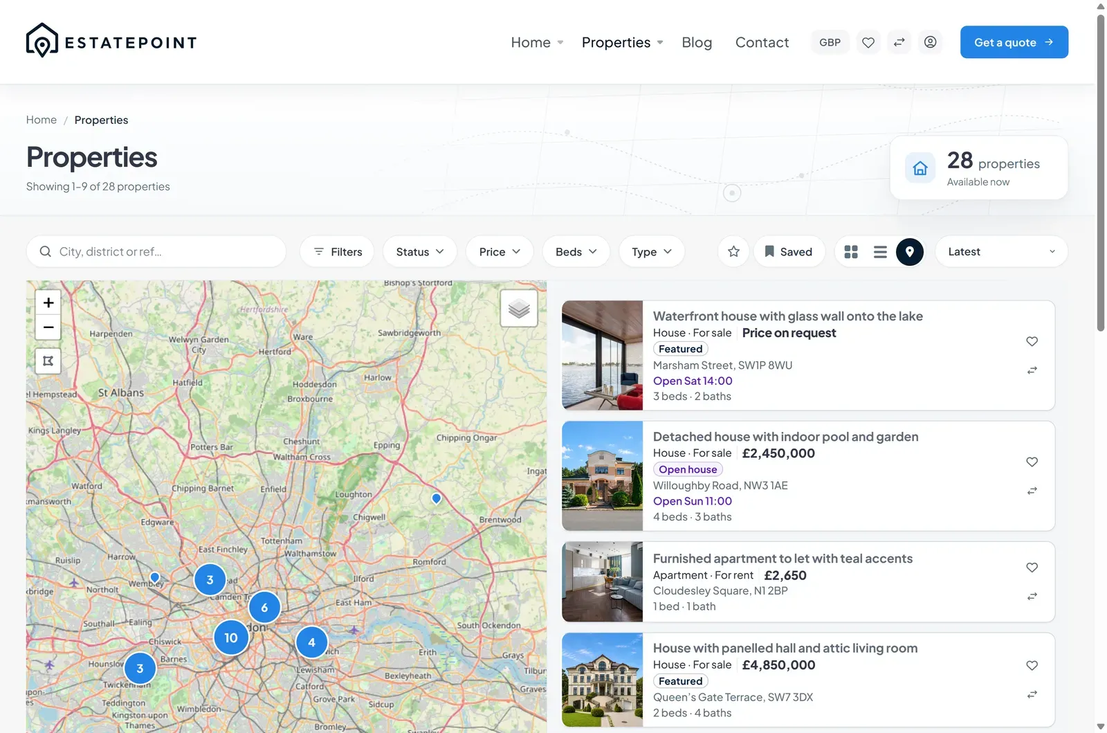 Map view with clustered pins on the left and a scrollable listing column on the right, under the search and filter bar
