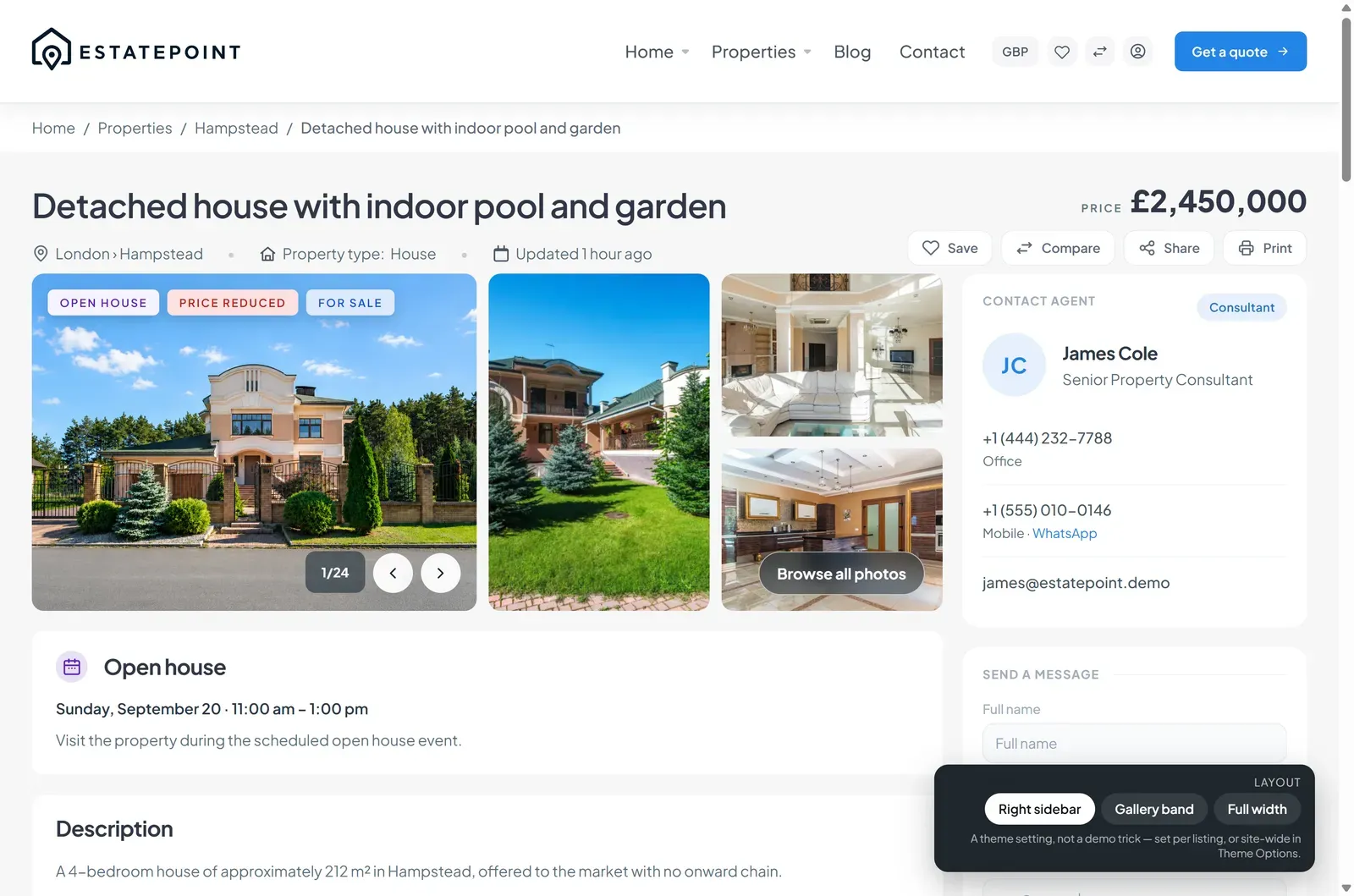 A listing page — title, location, price, gallery mosaic, description, and the contact agent card
