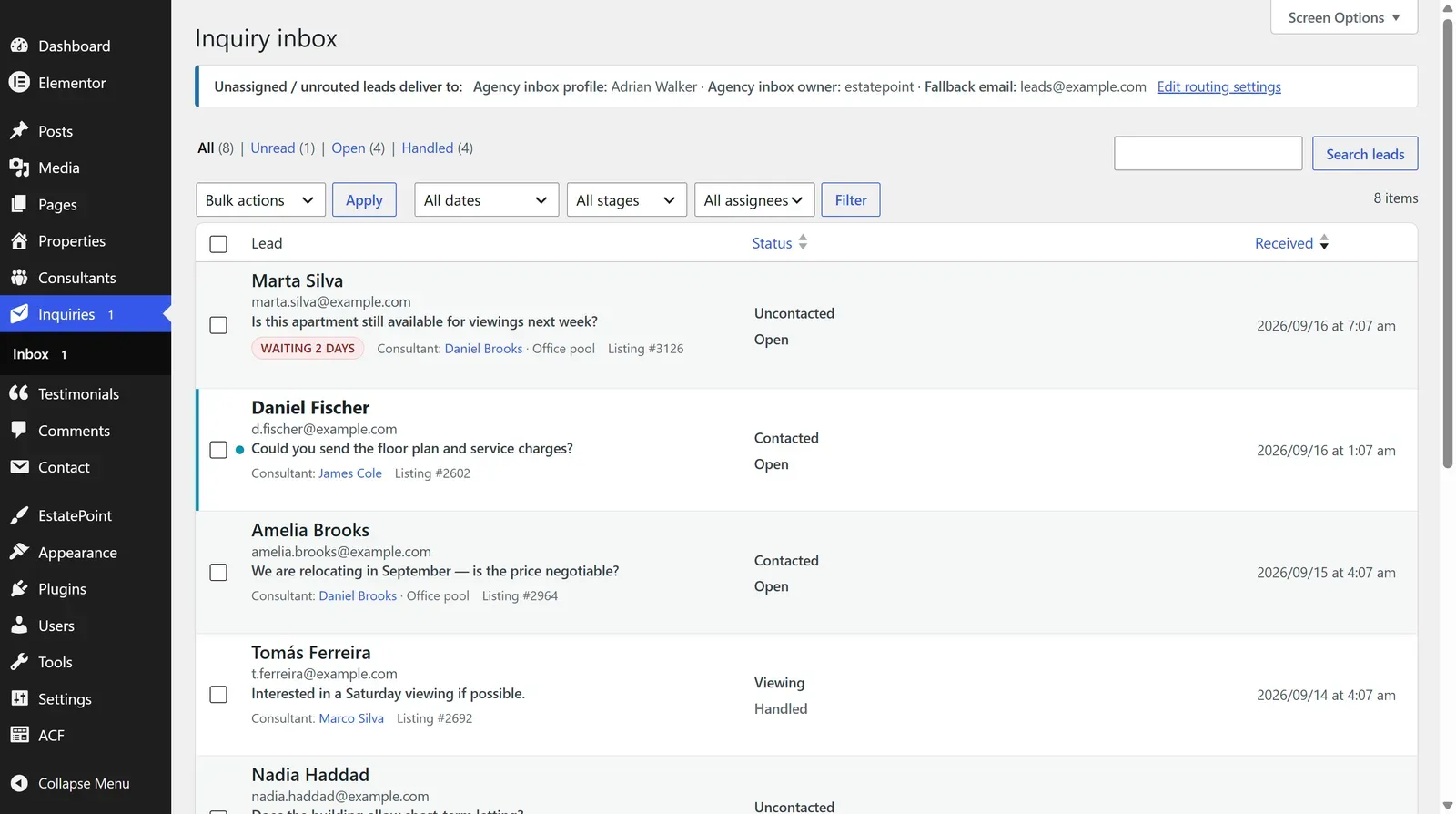 The inquiry inbox with lead counters, date, stage and assignee filters, and leads showing name, email, message, and status