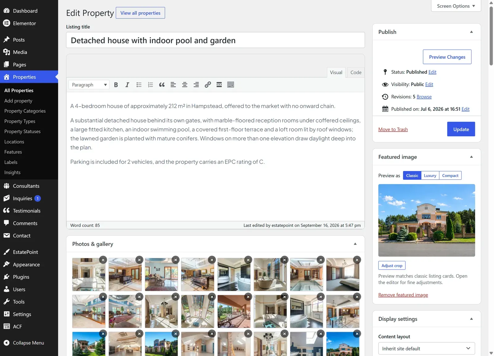 The property editor showing the listing title, description, gallery, and the Publish, Display settings, and Featured image sidebar panels