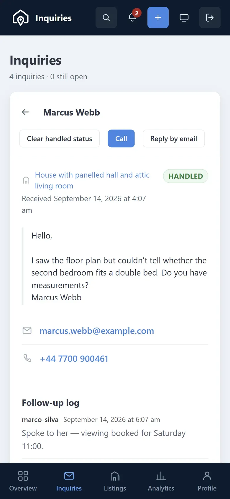A lead opened in the consultant panel on a phone, with call and reply buttons
