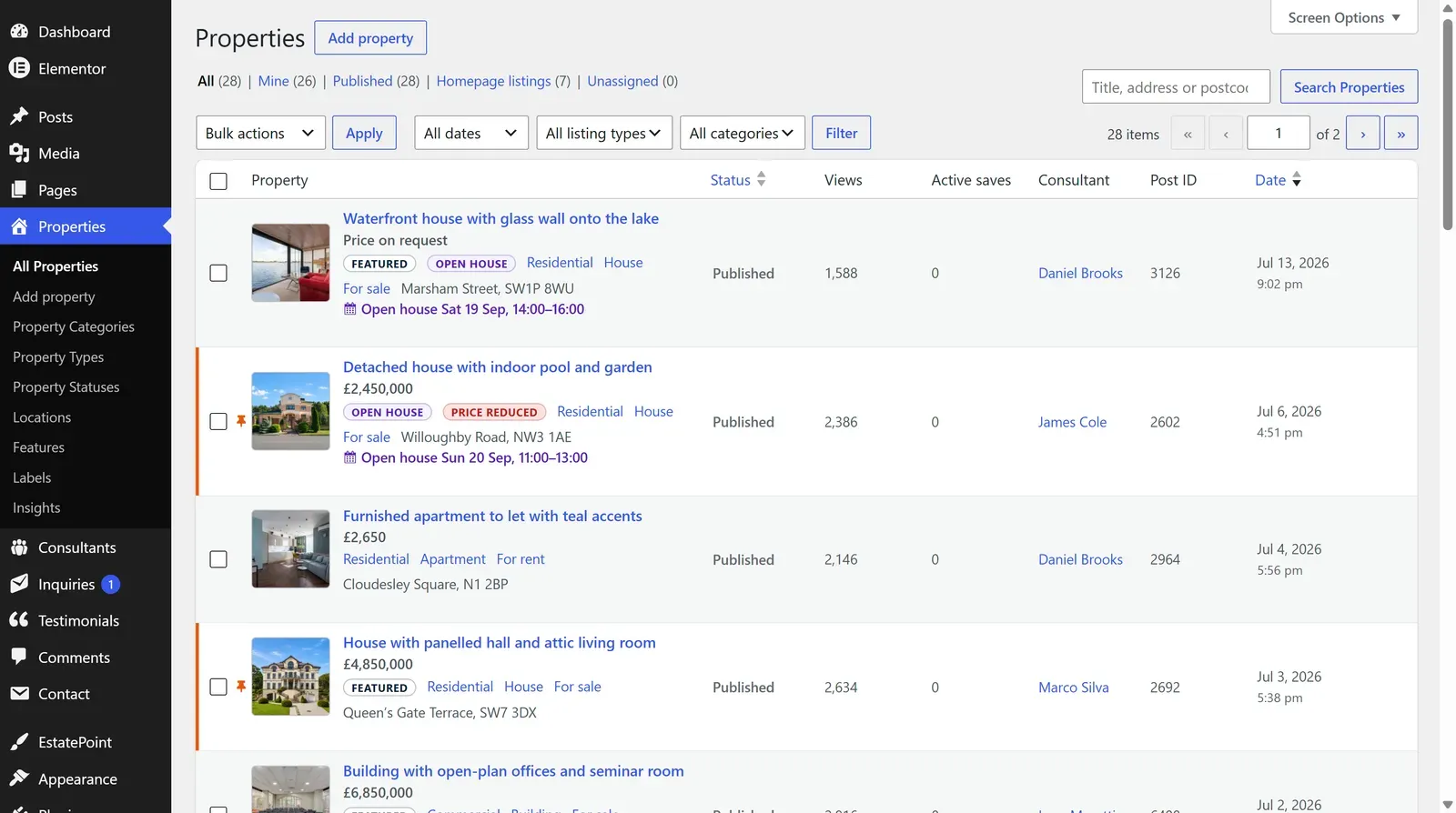 The Properties admin list with counters for total, published, homepage, unassigned, and expired listings above the listing table