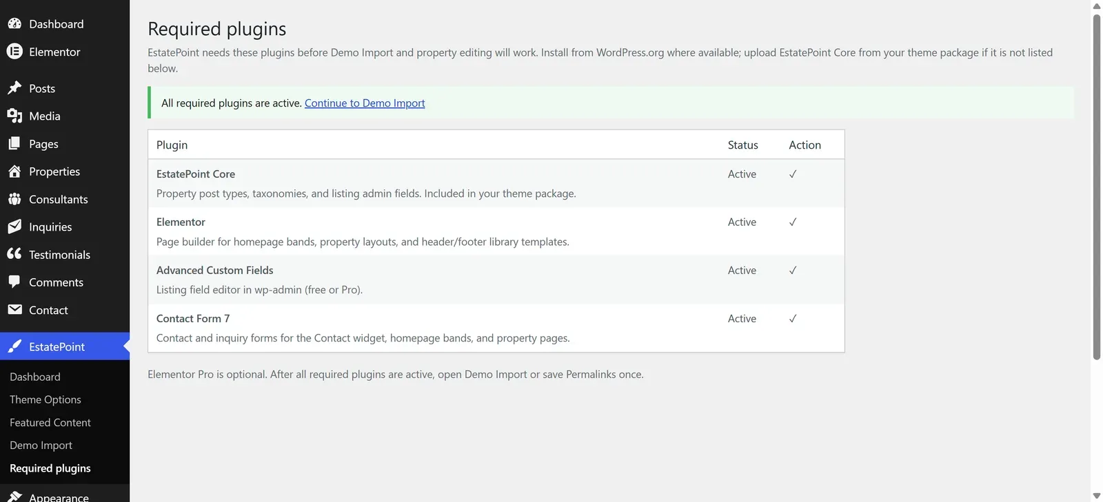 The Required plugins screen listing EstatePoint Core, Elementor, Advanced Custom Fields, and Contact Form 7, all marked Active