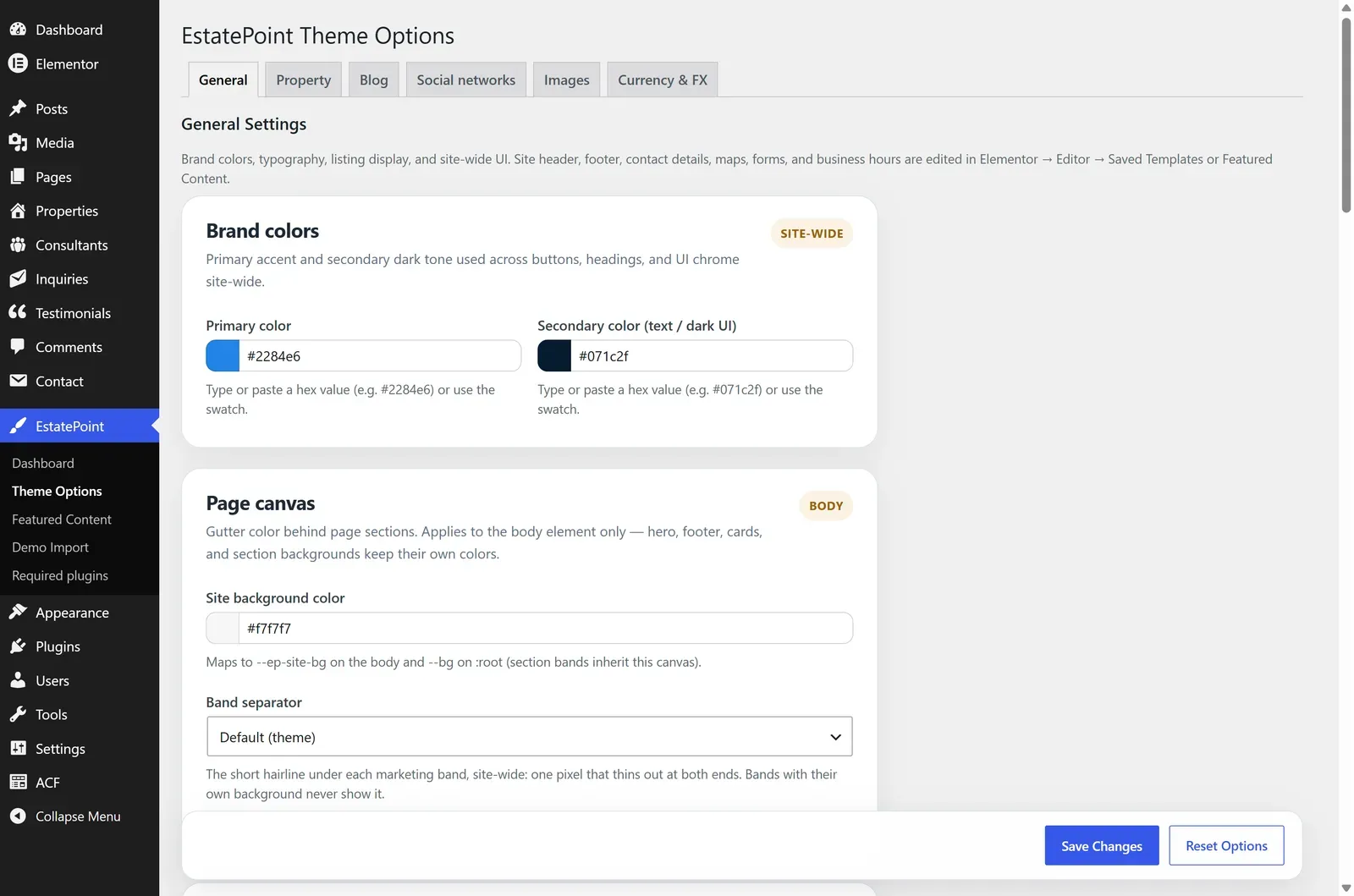 The Theme Options General tab with the tab bar and the Brand colors card
