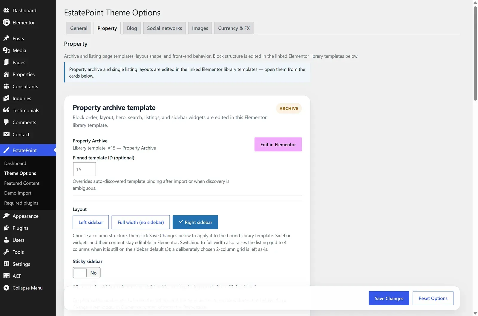 The Property tab showing the Property archive template binding card with Edit in Elementor and the sidebar layout choices